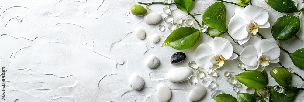 Aufkleber Zen Spa Still Life with White Orchids Stones and Sparkling Gems on Textured Background Serene Wellness and Tranquility : Generative AI