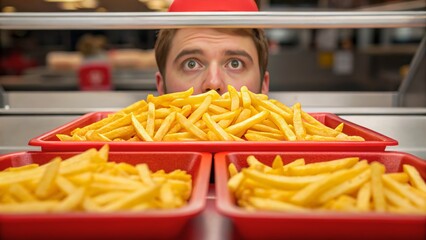 Man Surprised by Large Piles of French Fries in Fast Food Restaurant Setting