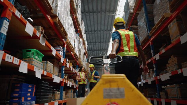 Warehouse workers are pulling carts to move boxes of merchandise to be arranged on shelves in a warehouse.