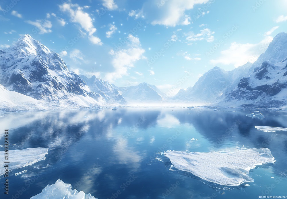 Poster gorgeous frozen landscape showcasing towering mountains and vibrant icebergs reflecting in calm wate