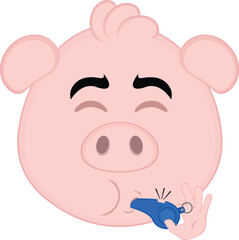 vector illustration emoji character face pig cartoon, with his mouth blowing a whistle