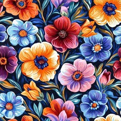 Vibrant Floral Pattern on Dark Backdrop, blooms, botanical