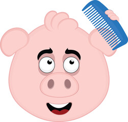 vector illustration emoji character face pig cartoon, combing her hair with a blue comb