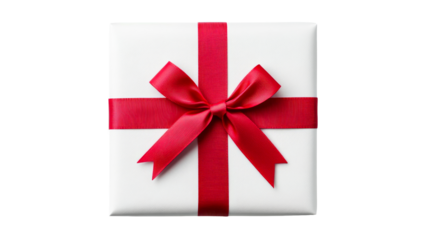 Red bow present isolated, birthday gift box, white package, cut out transparent