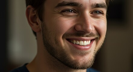 Obraz premium Young Man Smiling Close Up Portrait - A joyful young male with a beard and short hair, expressing happiness and confidence. Symbolizing positivity, youth, success, well-being, and optimism