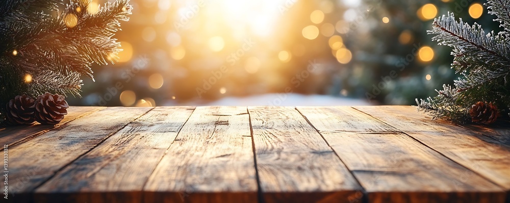 Poster Christmas Background with Wooden Table Blurred Lights Snowy Pine Branches Perfect for Festive Food and Product Display : Generative AI