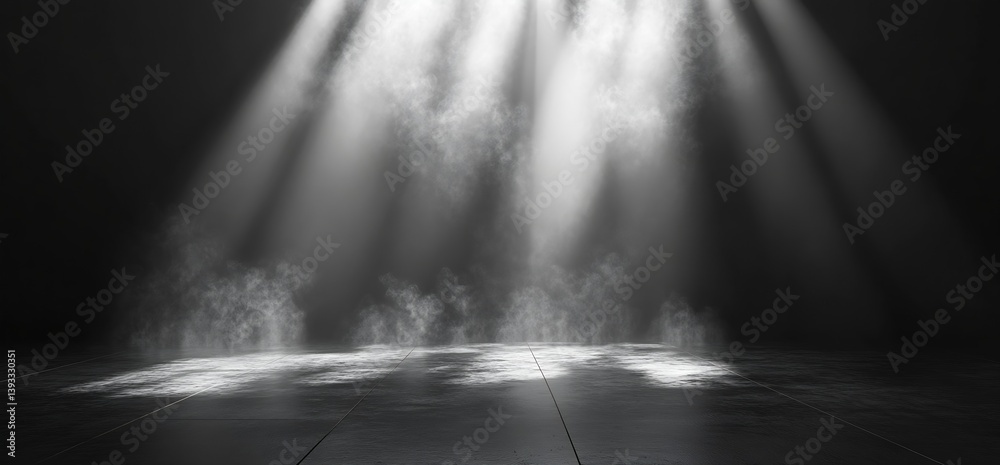 Poster dramatic stage lighting spotlights with smoke effects on dark background for theatrical and event vi