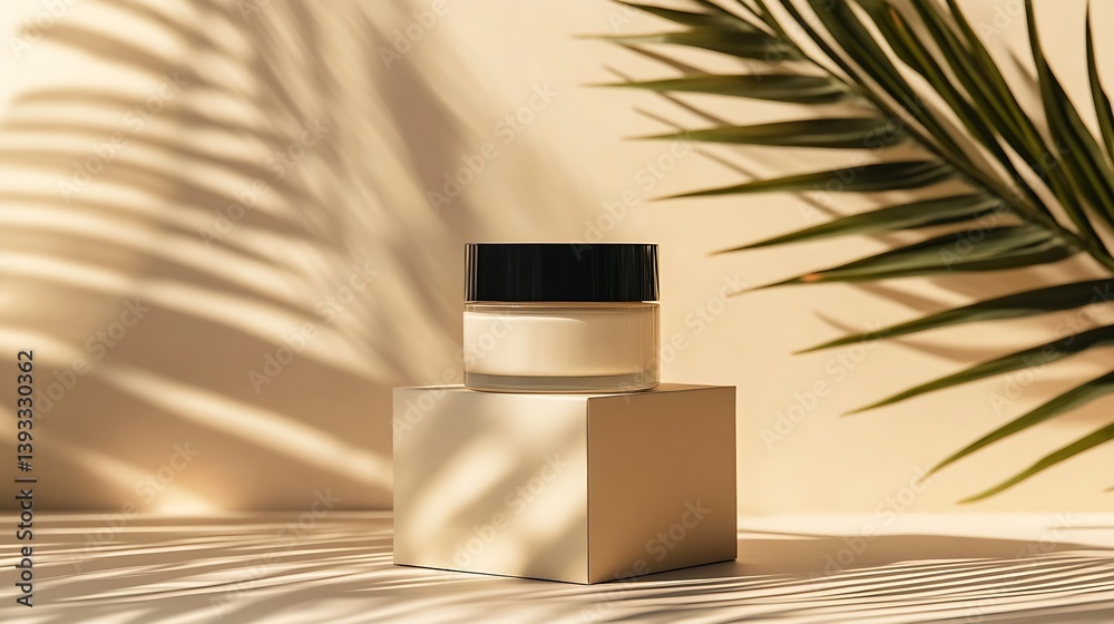 Leinwandbilder elegant skincare cream jar on minimal cube surrounded by soft shadows and palm leaves for a tranquil