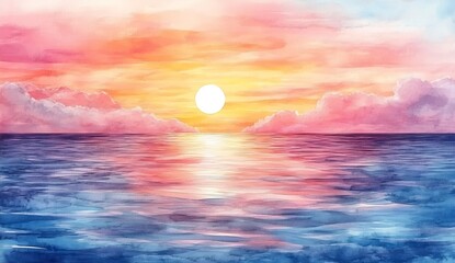 Vivid sunset with golden sun and colorful clouds mirrored on the peaceful ocean surface : Generative AI