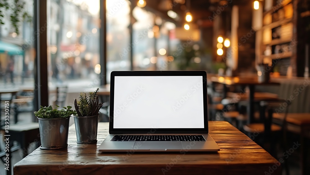 Poster laptop with blank screen on wooden table in cozy cafe perfect for mockups and remote work : generati