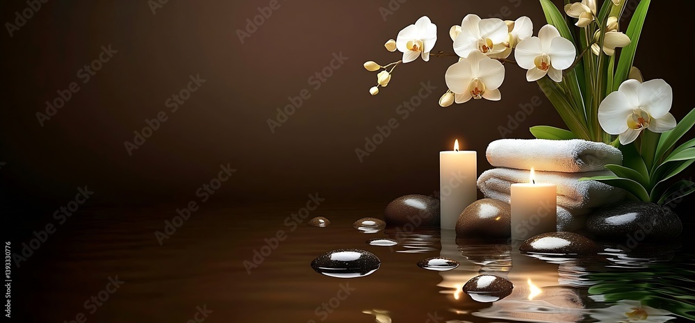 Leinwandbilder elegant spa scene with white orchids towels and candles on reflective surface promoting relaxation c