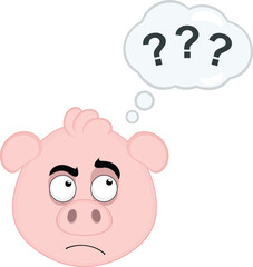 vector illustration emoji character face pig cartoon, with a doubtful or thinking expression and a thought cloud with question marks