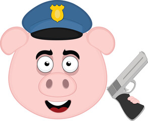 vector illustration emoji character face pig cartoon, with a police hat and gun