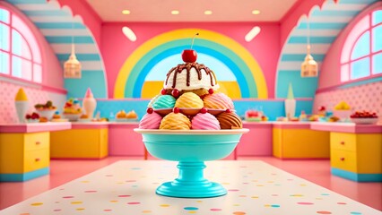 Colorful Ice Cream Sundae in a Playful Retro Dessert Shop Interior