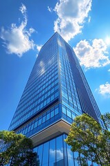 Obraz premium Stunning Modern Skyscraper Reflected by the Sky and Trees in a Bright Atmosphere : Generative AI