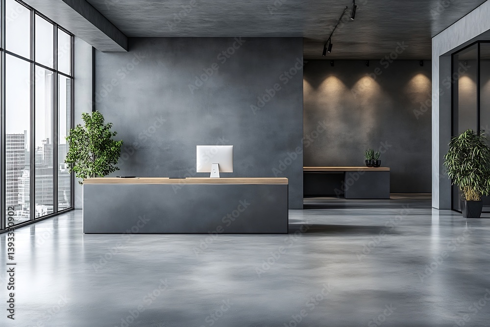 Poster modern office reception area clean minimalist design with desk plants and city view professional lob