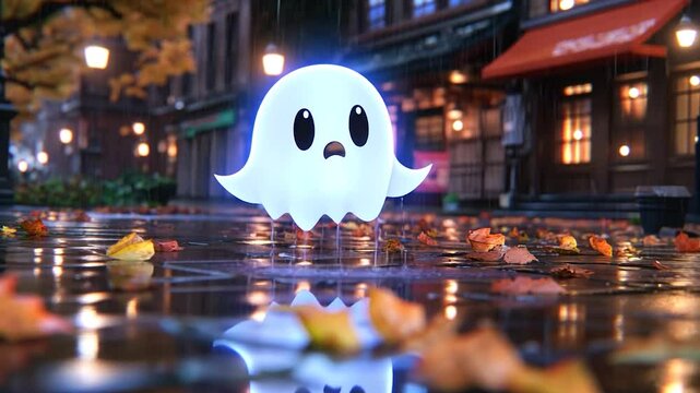 A whimsical ghost floats above a rainy street covered in autumn leaves, with cozy shops in the background