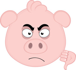 vector illustration emoji character face pig cartoon, with thumb pointing down in concept of not approved or no like