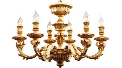 Ornate gold chandelier on black background, cut out transparent