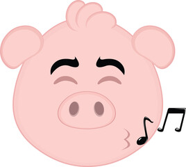vector illustration emoji character face pig cartoon, whistling with musical notes on the lips