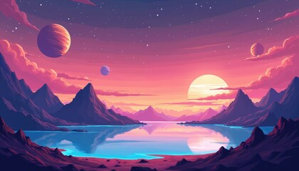 Pixel art alien planet landscape with planets, mountains, clouds and lake reflection in flat design. Cartoon scenery, outer space exploration. Vivid colours, fantasy, cartoon drawing.