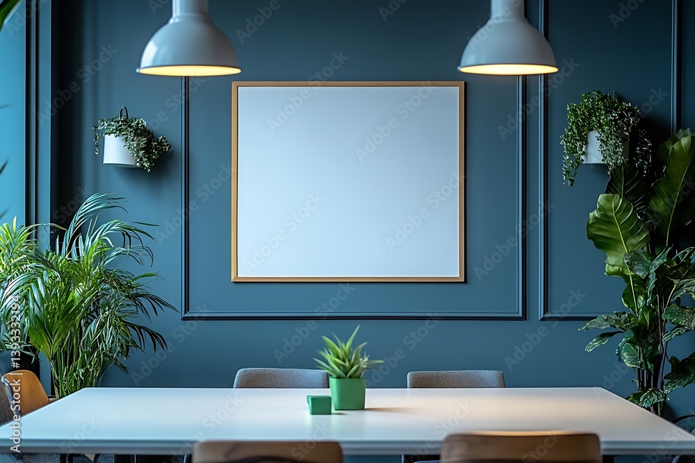 Poster blue wall with empty frame and green plants a modern interior for office decor and creative workspac