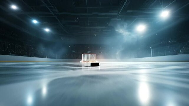 Hockey puck slides in slow motion across icy rink toward goal and into the net as if guided by an invisible player under bright stadium lights, camera movement enhances speed and action intensity.