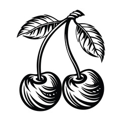 Two Black Cherries on Stem with Leaves Outline Style Fruit Isolated