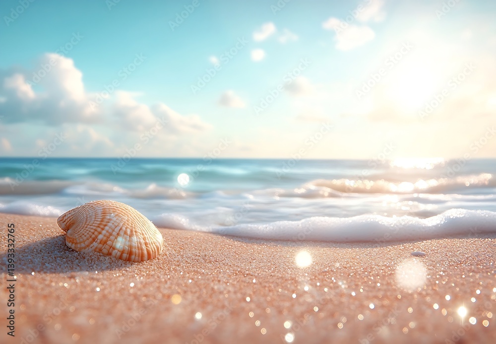 Poster seashell beach sunset serene ocean view with sparkling sand and gentle waves perfect summer escape :