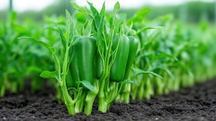 Green Bell Peppers Lush Foliage, Vibrant Natural Style, High-Definition Sharp Focus, Row Close-Up View, Immature Produce Growth, Farm Field Setting, Rich Green Tones, Ideal for Agricultural Ads