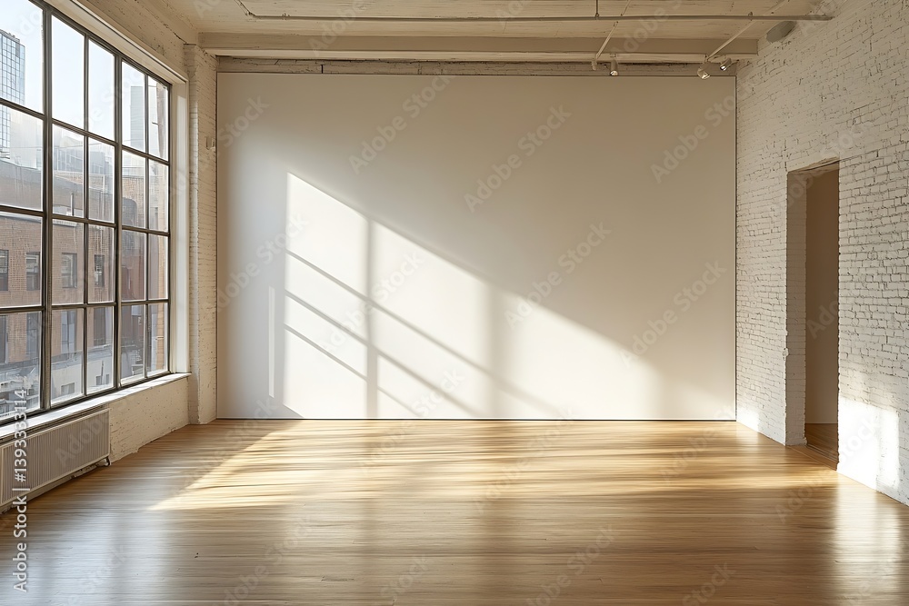 Poster minimalist interior design empty loft style room with sunlight streaming through window blank white 