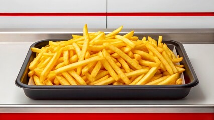 Crispy Golden French Fries Piled High in a Black Tray Against Bright Red Background