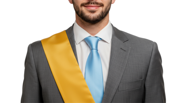 Isolated Man in Suit with Sky Blue Tie and Yellow Sash