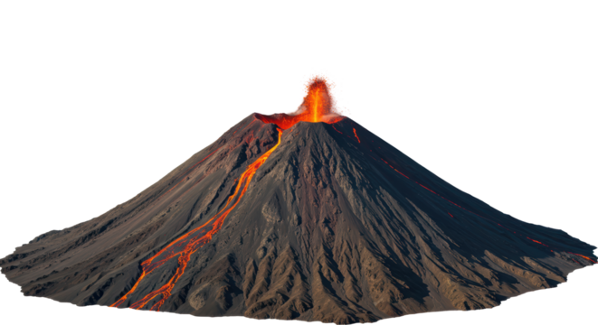 Isolated Volcano Erupting with Flowing Lava and Ash