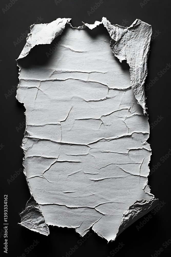 Poster Blank Crumpled White Paper Sheet Texture on Black Background Ripped and Torn Edges Modern Abstract Art Empty Space Message : Generative AI