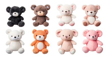 Collection of eight colorful soft teddy bears, cut out transparent