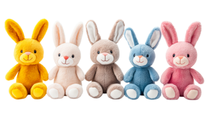 Plush bunnies in row, stuffed, colorful, toy, adorable, cut out transparent