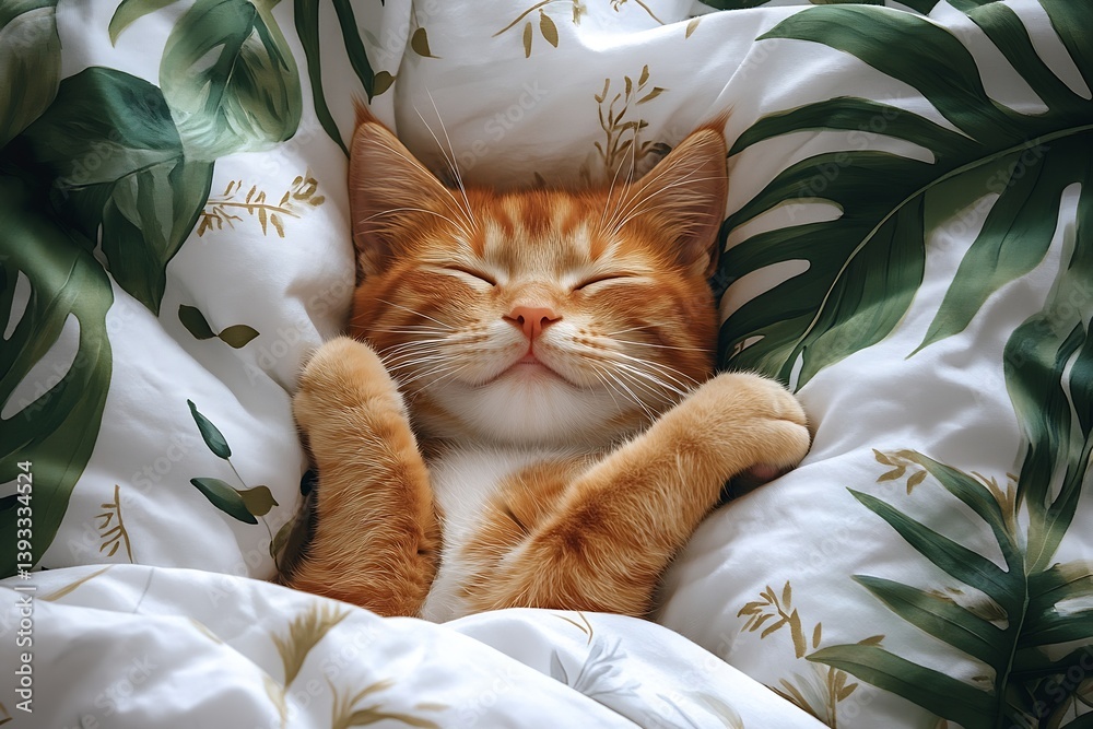 Poster sleeping ginger cat in bed cozy and peaceful nap among green leaf patterned sheets relaxing moment :