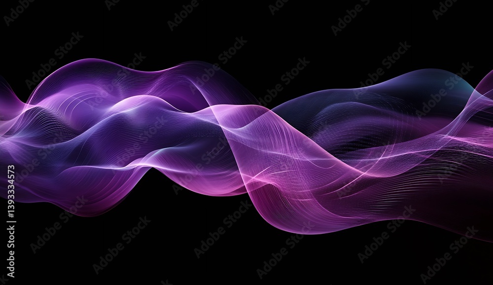 Poster abstract wavy lines in rich purple and pink tones flowing across a dark background : generative ai