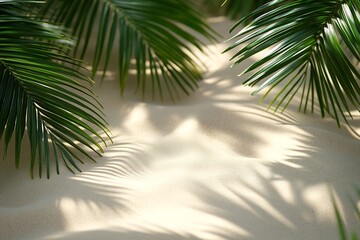 Tropical Palm Leaves on Sand Beach Paradise Island Vacation and Relaxing Summer Holiday Escape Under Clear Sky : Generative AI