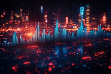 Abstract Cityscape Data Visualization with Glowing Bar Graph Networks and Futuristic Digital Design for Tech : Generative AI