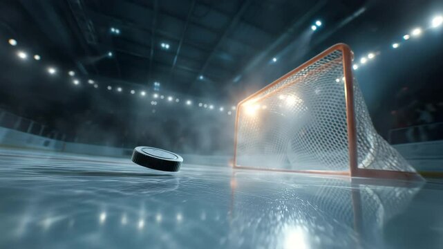 Hockey puck slides in slow motion across icy rink toward goal net under bright stadium lights, camera movement enhances speed and action intensity.