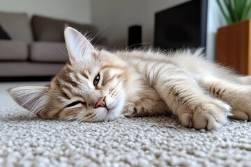 Fototapeta na wymiar Cute Kitten Lying on Carpet Relaxing Indoors Adorable Pet Animal Domestic Cat Resting Peaceful Sleepy : Generative AI