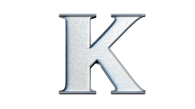 Silver metallic letter K, shiny 3D alphabet symbol, cut out transparent