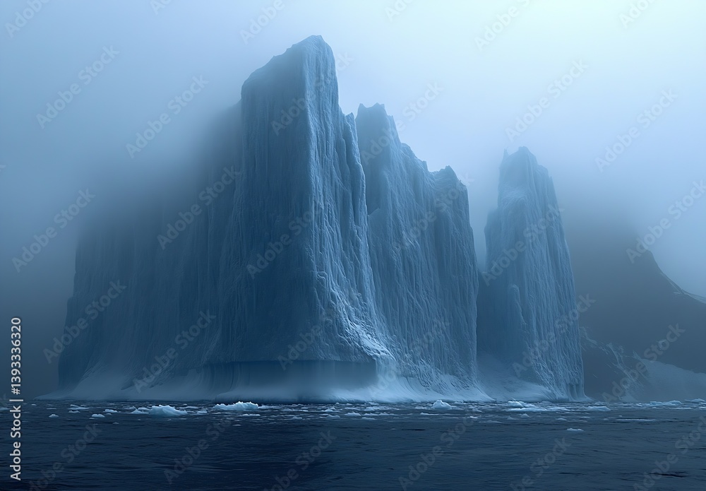 Poster Mysterious ice mountain shrouded in fog affecting the serene water surface with a dark and moody ambiance : Generative AI