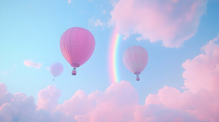 Fototapeta premium Pink hot air balloons in pastel sky with rainbow