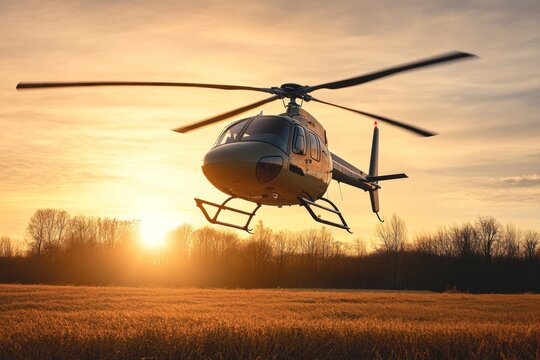 A medical helicopter approaches a field as it prepares to land at sunset, representing the critical role of emergency evacuation insurance in saving lives and providing timely assistance