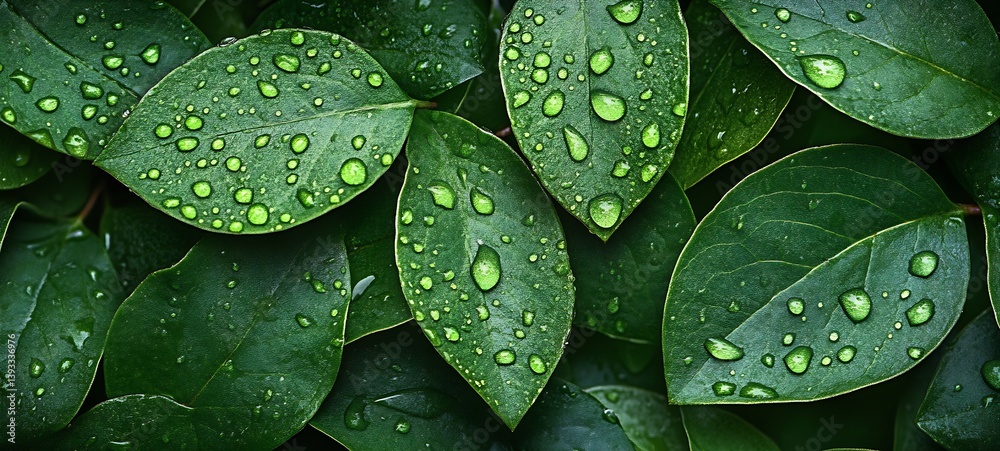 Aufkleber overview of lush green leaves adorned with droplets showcasing a vibrant ecosystem moment : generati