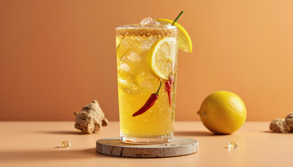 Vivid design food and beverage advertisement: A refreshing ginger lemonade with a chili garnish sits on a wooden coaster against a warm-toned background, showcasing its vibrant color and inviting te