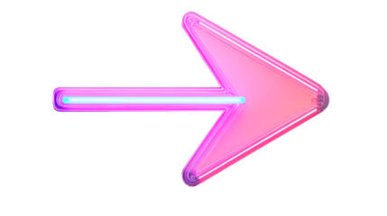 Glowing pink neon arrow pointing right, direction sign, cut out transparent